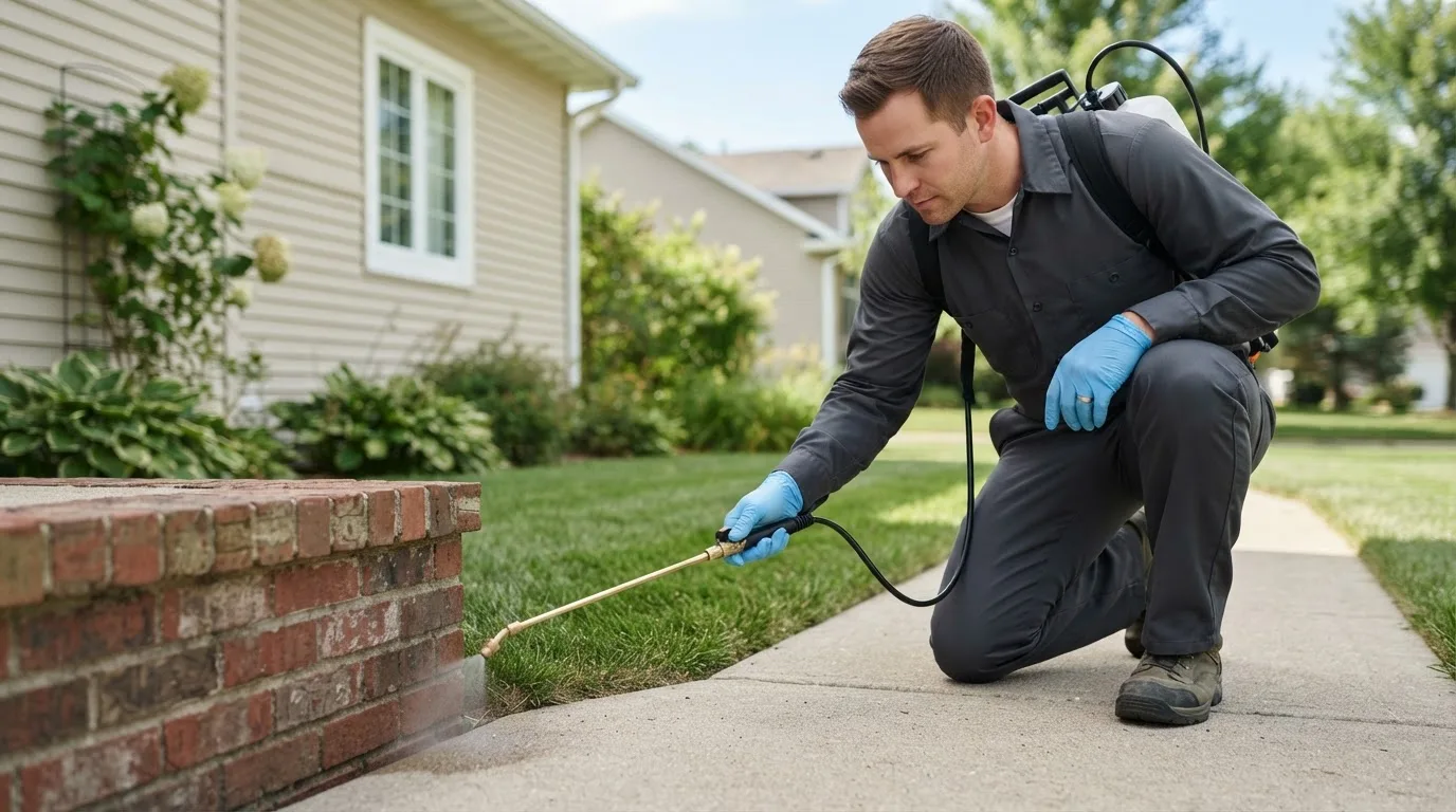 Pest control technician treating a home near San Jacinto, CA